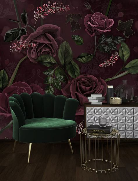 Dark Burgundy Rose Mural Big Flowers Wallpaper - Etsy Australia Rose Mural, Burgundy Decor, Burgundy Walls, Peel And Stick Wall Mural, Minimalist Bed, Moody Bedroom, Dark Home Decor, Dark Home, Mural Wall