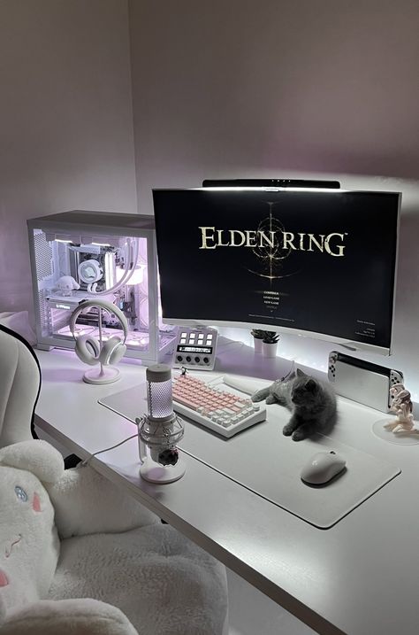 gigi (@ivulet) on X Gaming Set Up Accessories, Pc Setup Accessories, Small Pc Setup, Pc Set Up, Pc Gaming Setup Aesthetic, Cute Gaming Setup, Gaming Setup Ideas, Dream Home Office, Desktop Ideas