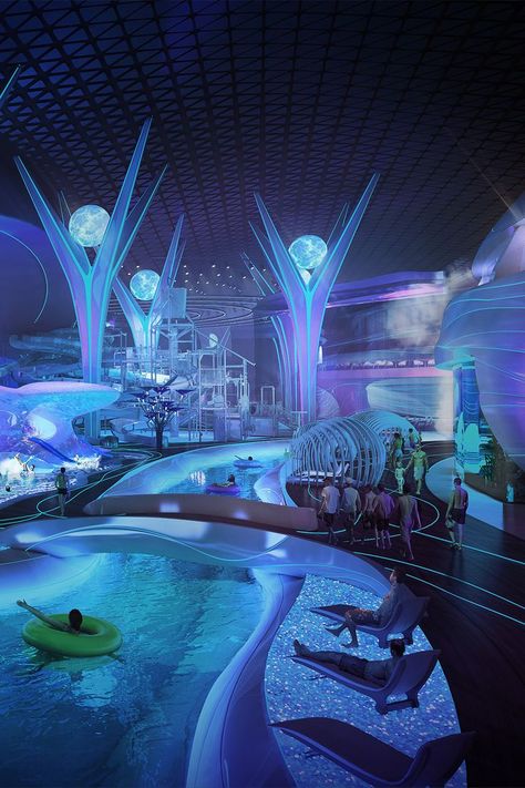 Water Architecture Design, Water Theme Park, Water Architecture, Indoor Waterpark, New Retro Wave, Parc D'attraction, Futuristic Interior, Delta Airlines, Baby Frocks Designs