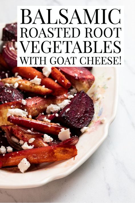 Balsamic Honey Roasted Root Vegetables with Goat Cheese!  Root vegetables roast up in the oven as sweet as candy and topped with a tangy goat cheese. Oven Roasted Root Vegetables, Healthy Easy Recipe, Root Vegetables Recipes, Roasted Vegetables Oven, Roasted Root Vegetables, Simple Dinner, Paleo Vegan, Honey Roasted, Healthy Easy