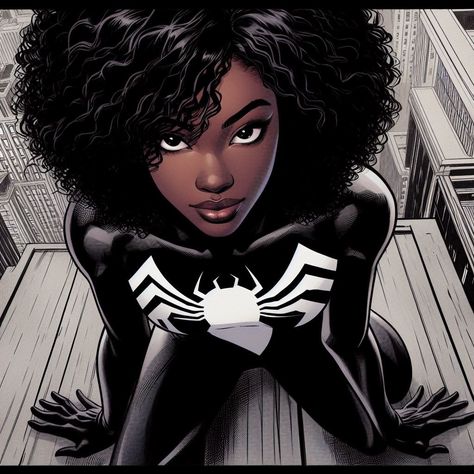 Brown woman, curly hair, black and white spiderman suit White Spiderman Suit, Black Spiderwoman, Black And White Spiderman, Women Spiderman, White Spiderman, Fb Pfp, Woman Curly Hair, Spiderman Oc, Spiderman Suit