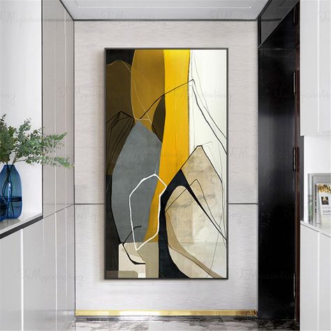 Yellow Acrylic Painting, Abstract Painting For Living Room, Yellow Abstract Painting, Decor Hallway, Hallway Wall Decor, Painting Gold, Nordic Wall Art, Pictures For Living Room, Soyut Sanat Tabloları