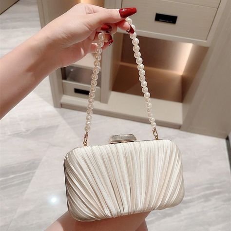 Silk Evening Bag Women Elegant Fashion Banquet Clutch Pearl Chain Shoulder Bags Luxury Purse Female Prom Bag, Prom Clutch, Bride Bag, Pearl Clutch, Party Handbags, Silver Bags, Wedding Purse, Clutches For Women, Wedding Clutch