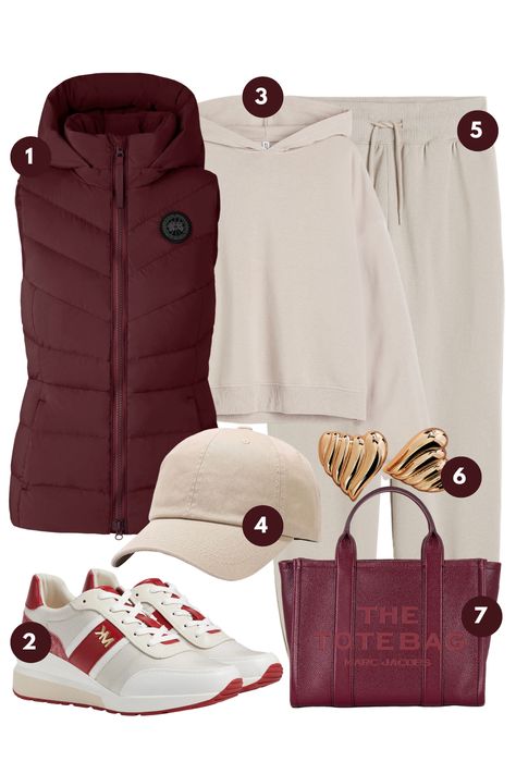 This fashion moodboard effortlessly blends functionality with style, ideal for those crisp winter days. The ensemble is anchored by a plush, burgundy puffer vest that promises warmth without compromising on silhouette. Complementing this is a soft, cream hoodie that adds a layer of comfort and casual chic. The look is balanced with relaxed beige joggers, offering a neutral base for the rich tones above. Burgundy Puffer Vest Outfit, Burgundy Vest Outfit, Charity Gayle, Beige Joggers, Puffer Outfit, Puffer Vest Outfit, Burgundy Vest, Burgundy Outfit, Cream Hoodie