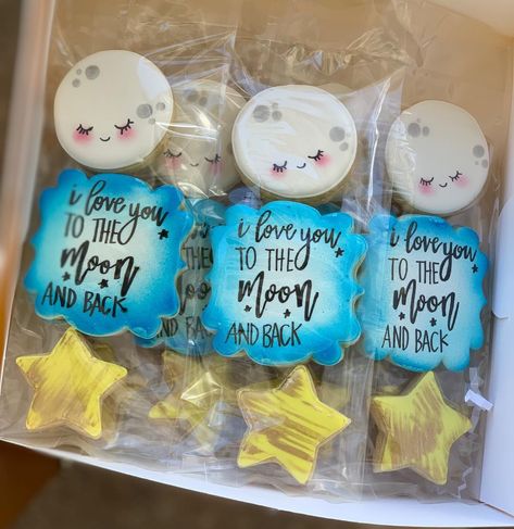 Love You To The Moon And Back Baby Shower, Kylie Baby Shower, Astronaut Baby, Moon Cookies, Moon Baby Shower, Star Cookies, Cookie Gifts, Cut Out Cookies, To The Moon And Back