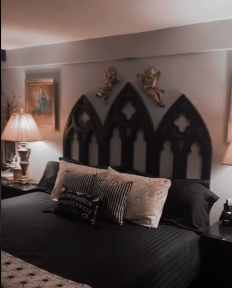 Cathedral Bed Frame, Goth Cat Bed, Cathedral Headboard, Diy Gothic Headboard, Goth Headboard, Gothic Bed Frame, Gothic Headboard, Decent Bed Design, Modern Goth Home