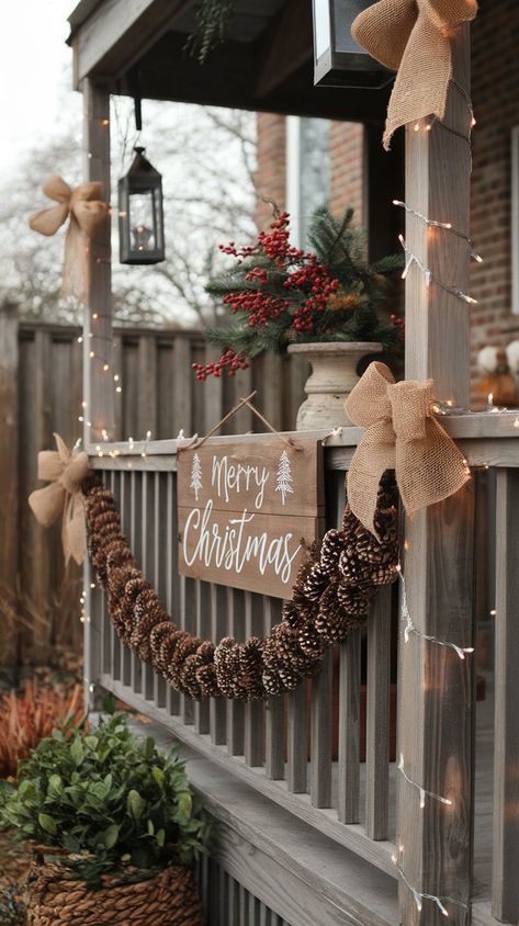 Farm Gate Christmas Decor, Decorating With Burlap, Outdoor Bench Christmas Decor, Country Christmas Decor Ideas Outdoor, Ranch Christmas Decor, Rustic Christmas Front Porch, Vintage Christmas Signs, Rustic Christmas Porch, Exterior Christmas Decor