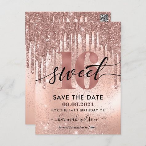 Save The Date Ideas Sweet 16, Sweet 16 Save The Date Ideas, Birthday Party Save The Date, Rose Gold Save The Date, Gold Save The Dates, 16th Birthday Invitations, Save The Date Postcard, Sweet 16 Birthday Party, 16 Birthday