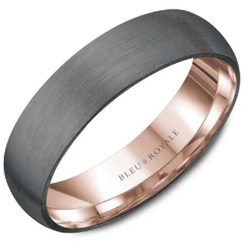 Bleu Royale 6MM Wide Frosted Grey Tantalum Center Wedding Band with High Polished Rose Gold Inside and Edging Finger size 10 in Tantalum and 14K rose gold (inside) available for same day shipping. Other sizes and metal options take 2 weeks for CrownRing to create and will ship immediately after completion. Rush delivery available depending on style and upon request Ring is 2.4mm thick Available in 14K or 18K white, yellow or rose gold, or platinum Includes ring box Includes jewelry appraisal Shi Grey Wedding Rings For Men, Men's Wedding Ring Gold, Groom Rings Wedding, Man’s Wedding Ring, Wedding Bands His, Tantalum Wedding Band, Titanium Mens Wedding Band, Rose Gold Wedding Band For Him, Guy Wedding Rings