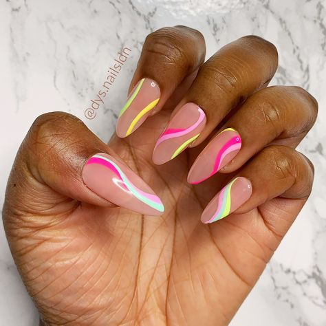 Nude nails with pastel swirl design. Also available in square and coffin and various lengths. #almondnails #swirlnails #pastelnail #nudenails #pressonnails #pressons #pressonnailsforsale #etsyseller #etsyuk #naildesign Swirls Nail Art, Nails Summer 2023, 21 Nails, Almond Shaped Nails Designs, Nails After Acrylics, Swirl Nail Art, Evil Eye Nails, Swirl Nails, Pink Chrome Nails