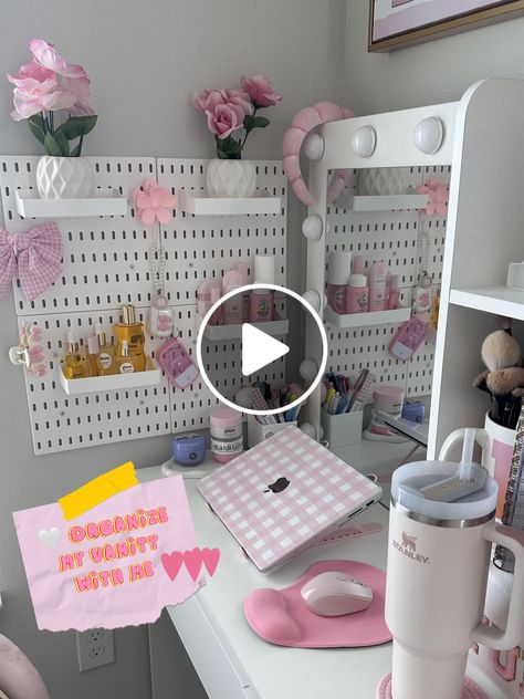 Lemon8 · Organize my vanity with me 🥰🫶 · @Amanda Pink 🎀 Preppy Vanity Setup Ideas, Vanity Setup Ideas, Preppy Vanity, Vanity Setup, Vanity Set Up, My Vanity, Setup Ideas, Wall Organization, Vanity Set