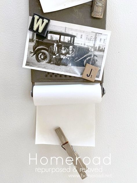 DIY Vintage Cheese Grater Memo Board with a roll of paper. Homeroad.net #vintage #repurposed #vintagekitchen #kitchen #farmhousestyle Diy Cupboards, Cheese Slicer, Thrift Shop Finds, Cheese Grater, Vintage Cloth, Clutter Organization, Funky Junk, Rusty Metal, Upcycle Recycle