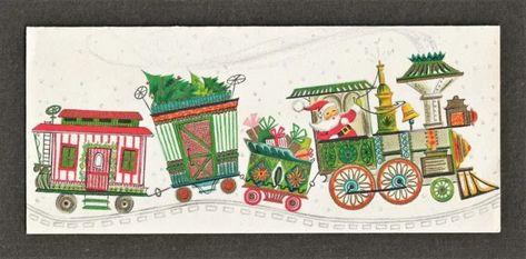 Unused '60s SANTA ~Train ~Presents ~Trees ~Gold Accents Vtg HALLMARK Xmas Card Santa Train Illustration, Christmas Train Drawing, Christmas Train Illustration, Christmas Train Painting, Christmas Whiteboard, Christmas Toy Train, Christmas Caroling Party, Christmas Trains, Dial Soap