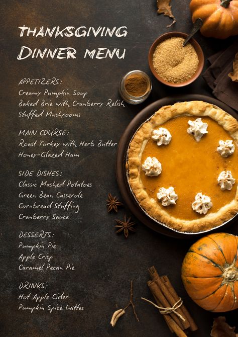 Use this customizable Dark Brown Orange Thanksgiving Dinner Menu template and find more professional designs from Canva.  #dark #ginger #brown #orange #pumpkin #menu #thanksgiving #dinner #event #aesthetic #cafe #restaurant #business #food #holiday Thanksgiving Menu For Two, Thanksgiving Menu Design, Fall Menu Design, Thanksgiving Menu Ideas, Thanksgiving Menu List, Pumpkin Menu, Caramel Pecan Pie, Classic Mashed Potatoes, Side Dishes For Ham