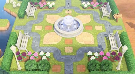 20 ACNH Resident Services & Town Square Ideas For Inspiration – FandomSpot Acnh Community Garden Ideas, Acnh Roundabout, Acnh Community Garden, Acnh Plaza Idea, Acnh Idea Place, Acnh Plaza, Acnh Park, Fountain Tile, Acnh Inspiration