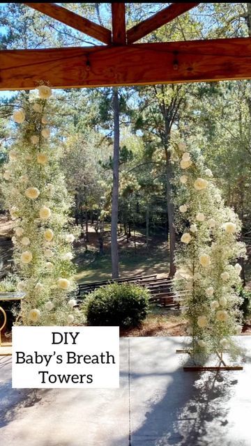 Diy Flower Tower Wedding, Baby Breath Flower Arch, Babysbreath Decor Wedding, Wedding Aisle Baby Breathe, Baby’s Breath Arch Wedding, Wedding Welcome Sign Baby Breath, Growing Baby’s Breath, Diy Arbour, Wedding Pillars