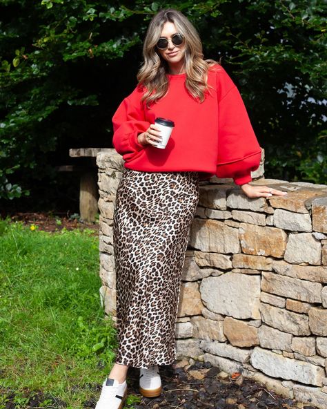 red & leopard print has so be one of my fave trends of 2024 🤩❤️🐾 Jumper: ‘Tamara’ Skirt: ‘Lulu’ Trainers: ‘Valerie’ Animal Print Mini Skirt Outfit, Cheetah And Red Outfit, Red Jumper Outfit, Red Tshirt Outfit, Leopard Print Skirt Outfit, Printed Skirt Outfit, Red Leopard Print, Leopard Outfits, Jumper Outfit