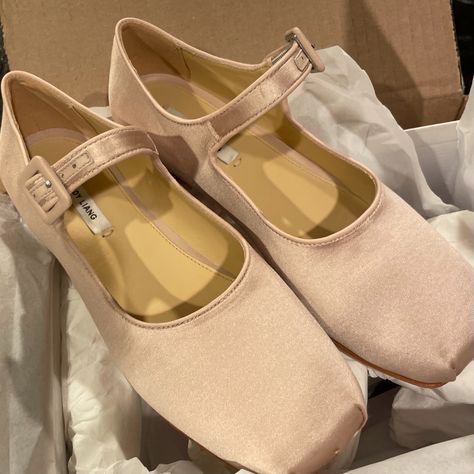 Sandy Liang Ballet Flats, Ballet Flats Coquette, Sandy Liang Pointe Shoes, Pink Ballet Flats With Ribbon, Feminine Pink Ballet Flats With Bow, Laufey Lin, Princess Attire, Synthetic Slip-on Ballet Flats With Bow, Ballet Inspired Fashion