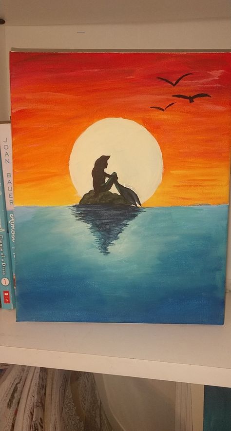 Easy acrylic painting of a mermaid in the sea infront of the sun with birds Under The Sea Canvas Painting Easy, Easy Mermaid Painting, Disney Acrylic Painting Easy, Mermaid Painting Easy, Mermaid Paintings Acrylic, Turtle Painting Acrylic, Little Mermaid Painting, Sunflower Drawing, Disney Paintings