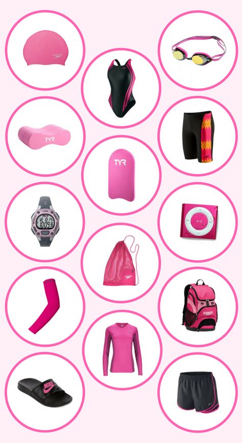 This is a beginner's guide to swimming gear. It uses pink swimwear and pink swim equipment as an example of what is out there for you to wear and use! Basic swim gear is listed, and so is swim equipment for added training benefits. This is a list of fitness gear that beginner adult swimmers may find useful to consider for your cardio or pool workout, whether it be training for an open water swim for a triathlon or general water fitness. Swimming For Beginners, Triathlon Training Plan, Open Water Swim, Swimming Drills, Training Outfit, Water Fitness, Swimming Benefits, Swimming Outfits, Swimming Gear