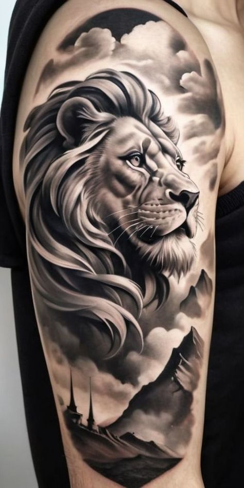 Black And Grey Lion Tattoo, Lion Stencil Tattoo, Realistic Lion Tattoo Design, Leones Tattoo, Lion Tattoo Stencil, Leon Tattoo, Time Piece Tattoo, Lion Arm Tattoo, Roaring Lion Tattoo