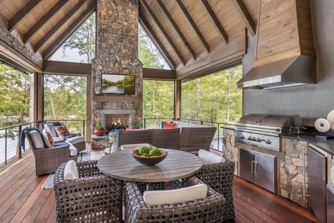 Tour this gorgeous model home perched over dreamy Lake Keowee House With Screened In Porch, Luxury Outdoor Living Space, Screened In Porch Plans, Luxury Outdoor Living, Landing Ideas, Outdoor Living Space Design, Lake Keowee, Porch Plans, Traditional Style Homes