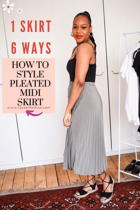 Pleated midi skirts are a great wardrobe staple all year round as they are really versatile and feminine. What I love about pleated midi skirts is that they are great for runnings errands, date nights and you can easily wear them to the office. Today I'm sharing 6 ways to style the pleated midi skirt for summer. via @http://pinterest.com/QueenTeshna How To Wear Pleated Skirt Midi, Jcrew Pleated Midi Skirt, Styling A Long Pleated Skirt, Style A Pleated Midi Skirt, How To Wear Long Pleated Skirt, How To Style Long Pleated Skirt, Styling Pleated Midi Skirt, Styling A Pleated Skirt, How To Style A Pleated Skirt Midi