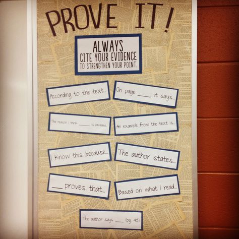 Prove it! Cite evidence to strengthen your point. High school English bulletin board English Bulletin Boards, Middle School Survival Kit, Middle School Survival, School Survival Kits, Text Evidence, High School Ela, Teaching Ela, High School Classroom, Middle School English