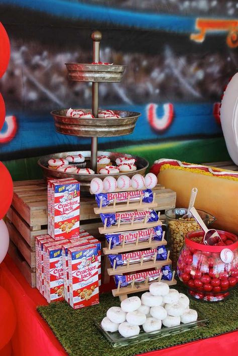 Ball Park Desserts, Rookie Of The Year First Birthday Concession Stand, Take Me Out Two The Ball Game Party, Baseball Party Concession Stand, Yankee Theme Birthday Party, 7th Inning Stretch Birthday, Baseball Party Games For Kids, Baseball Third Birthday Party, Adult Baseball Theme Party