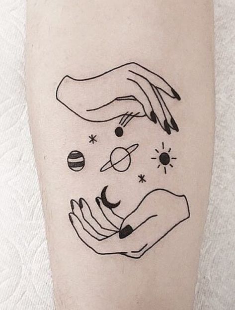 Hand Holding Planets Tattoo, Typography Tattoo, Pawprint Tattoo, Planet Tattoos, Tatuaje A Color, Subtle Tattoos, Aesthetic Tattoo, Pattern Tattoo, Custom Tattoo