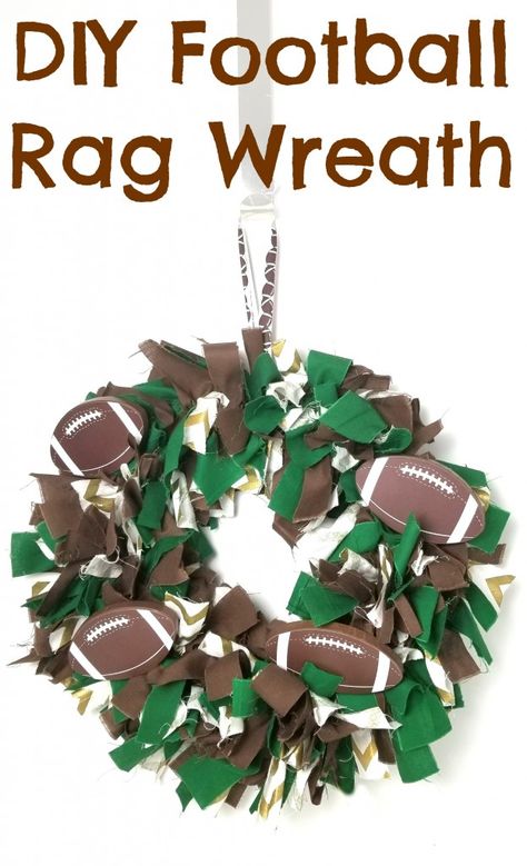 Easy DIY rag wreath for football season #diy #football #wreaths Football Season Wreath Diy, Dollar Tree Football Wreath Forms, Football Wire Wreath Form Ideas, Dollar Tree Wire Football Wreath, Football Fabric Wreath, Football Wreaths With Cloth, Football Wreath Diy, Football Fabric, Football Wreaths