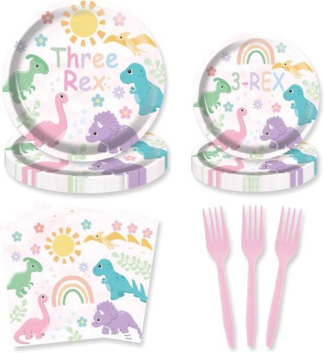 Amazon.com: HEETON 80Pcs Girl Three Rex Birthday Party Supplies Plates Pink Dinosaur Birthday Party Decorations for Baby Bday : Toys & Games 3rd Dinosaur Birthday Party For Girl, Three Rex Birthday Party Girl, Pink Dinosaur Birthday Party, Girl Dinosaur Birthday Party, Three Rex Birthday Party, Dinosaur Party Plates, Pink Dinosaur Birthday, Three Rex Party, Pink Dinosaur Party