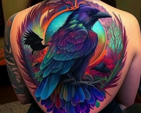 Bird Coverup Tattoo, Colorful Nature Sleeve Tattoo, Owl Cover Up Tattoos For Women, Colorful Crow Tattoo, Color Tattoo Cover Up Before And After, Cool Nature, Dragon Tattoo For Women, Gold Tattoo, Bird Tattoos