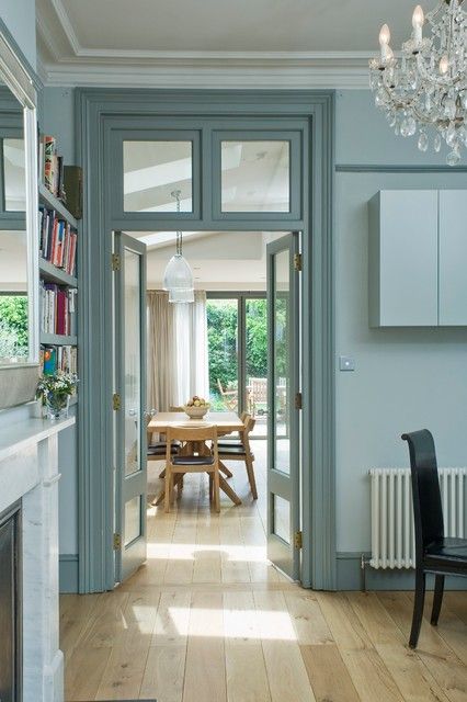 Blue Gray Bedroom, Partition Door, Internal Glass Doors, Glass Doors Interior, Modern Vintage Home, Wooden Floors, Victorian Terrace, French Doors Interior, French Door