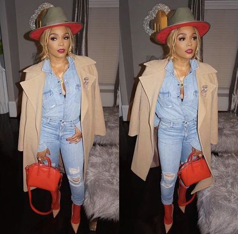 Red Fedora Hat Outfit, Rasheeda Frost Fashion Outfits, Outfit With Fedora, Keith And James, Rasheeda Frost Fashion, Fedora Hat Outfit, Rasheeda Frost, Fedora Hat Outfits, All Denim Outfits