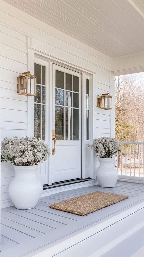 Stylish Modern Front Porch Ideas for a Welcoming Home - Remodr Stained Front Door, Modern Front Porch Ideas, Modern Front Porches, Modern Front Porch, White Front Door, Front Porch Steps, White Porch, Modern Porch, Welcoming Home