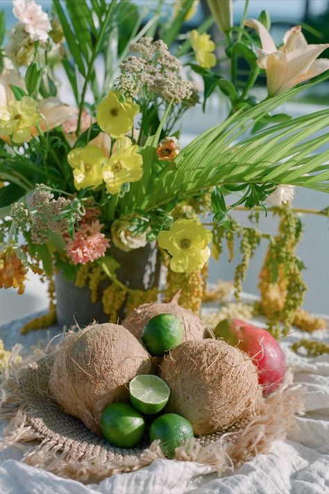 Coconut Wedding Table Decor, Coconut Centerpiece, Tropical Fruit Centerpieces, Pineapple Coconut Centerpiece, Green Tropical Centerpiece, Tropical Fruit Tablescape, Tropical Bar Arrangement, Tropical Fruit Centerpiece Wedding, Sand Centerpieces