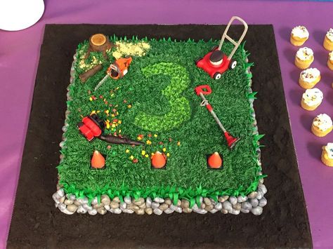 Landscaping Tools Birthday Cake - CakeCentral.com Mower Birthday Party, Lawn Mower Cake, Tools Birthday Cake, Lawn Mower Birthday Party, Lawn Mower Party, Lawn Mower Birthday, Grass Cake, Fondant Leaves, Dad Birthday Cakes