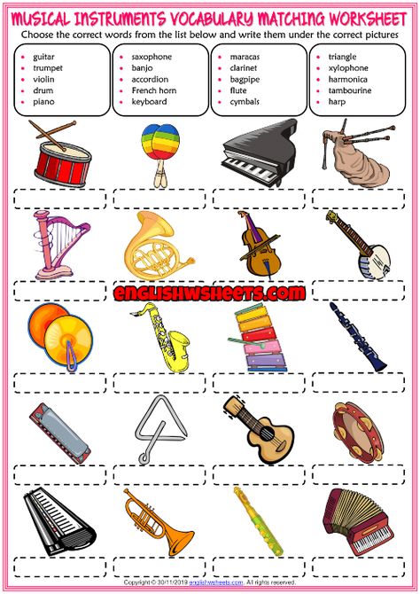 Musical Instruments ESL Matching Exercise Worksheet For Kids Vocabulary Games For Kids, Music Basics, Test For Kids, Music Teaching Resources, Homeschool Music, Music Lessons For Kids, Kids Musical Instruments, First Grade Worksheets, Music Worksheets