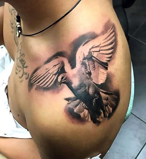 a beautiful dove tattoo in black and gray style inked on the guy's shoulder. Style: Black and Gray. Color: Gray. Tags: Beautiful Dove Shoulder Tattoo, Peace Dove Tattoos, Shoulder Tattoo Ideas, Virgo Constellation Tattoo, Dove Tattoo Design, Bible Tattoos, Dove Tattoos, Dove Tattoo, Mens Shoulder Tattoo