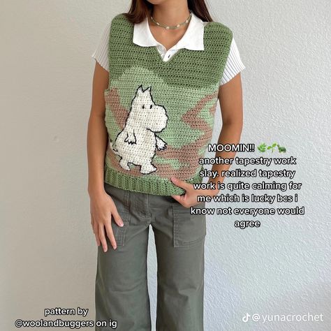 Crochet Grid Sweater, Moomin Crochet Pattern, Goblincore Crochet Ideas, Moomin Sweater, Crochet Tapestry Sweater, Moomin Crochet, Moomin Knitting, Crochet Socks Pattern, Crochet Jumper