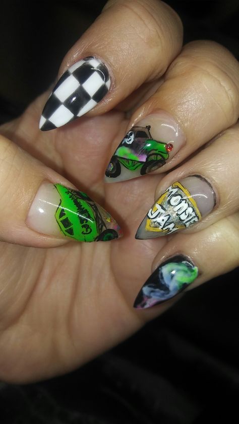 Truck Nails, Monster Jam Nails, Monster Jam Nail Designs, Monster Truck Nail Designs, Monster Truck Nails, Monster Jam Outfit Women, Monster Nail Art, Monster Jam Room Ideas, Monster Jam Playroom