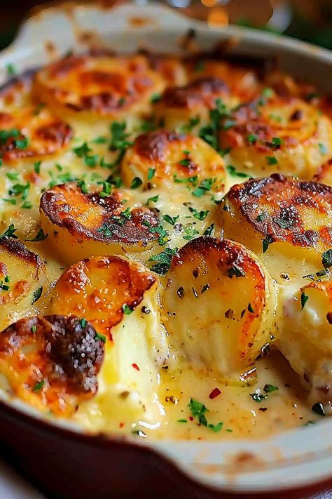 Ruth’s Chris-Inspired Potatoes au Gratin Recipe - An Organized Chaos Easy Tasty Side Dishes, Potatoes As A Side Dish, Dinner Ideas Using Potatoes, Easy Delish Recipes, Vegetable Dinner Sides, Boursin Cheese Potatoes Gratin, Potatoes Gratin Recipe, Au Potatoes Gratin, Ruth’s Chris Copycat Potatoes