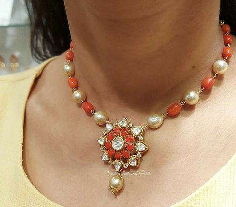 Coral Designs Jewellery, Coral And Pearl Jewellery, Coral And Pearl Beads Jewellery, Pagadalu Jewellery, Coral Beads Jewellery Indian, White Pearl Necklace Indian, Corals And Pearls Jewellery, Coral Necklace Indian Gold, Pagadam Jewellery