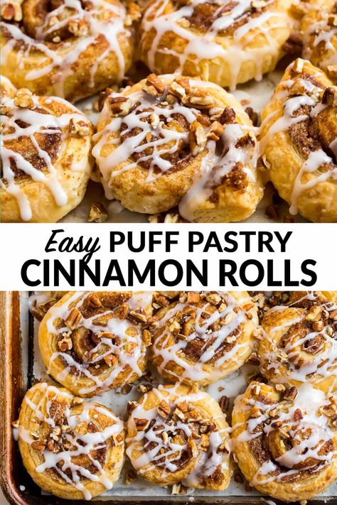 These easy Puff Pastry Cinnamon Rolls use puff pastry instead of regular yeast dough for quick, easy cinnamon rolls that taste absolutely delicious! Simple to prepare and everyone loves them. Top with cream cheese or vanilla glaze for a fast, sweet treat! Freezer friendly, so this recipe is also a perfect make ahead breakfast for Christmas, holidays, and brunches! #puffpastry #cinnamonrolls #easybreakfastrecipes #wellplated via @wellplated Puff Pastry Cinnamon Rolls, Pastry Cinnamon Rolls, Resep Puff Pastry, Puff Pastry Cinnamon, Easy Puff Pastry Recipe, Puff Pastry Recipes Dessert, Easy Pastry Recipes, Easy Cinnamon Rolls, Easy Cinnamon Rolls Recipe