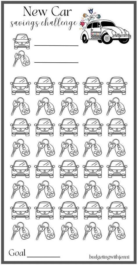 New Car Savings Challenge. Set your goal amount and determine what the two icons will be worth. Color them in as you save and watch your savings tracker come to life. There are 40 icons to help you obtain this goal. Go at your own pace. *FREE GIFT INCLUDED Printing Information: *Digital Download  *This is printed on 8.5 x 11 US letter size paper *Once printed, cut and place inside your A6 envelope *Color will vary depending on ink and printer Disclaimer: This is a PDF Digital Download. No physic New Car Savings Challenge, Car Savings Challenge, Car Saving, Saving Coins, Saving Money Chart, Money Chart, Money Saving Methods, Spar Challenge, Money Saving Techniques