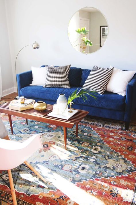 Dunham Down-Filled Box Cushion Sofa from west elm Blue Couch, Blue Velvet Sofa, Room Deco, Sofa Colors, Blue Sofa, A Rug, Decoration Inspiration, Living Room Area Rugs, Boho Interior