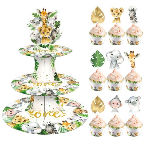 PRICES MAY VARY. Wild One Birthday Party Cupcake Stand: Our wild one themed cupcake stand are designed with wild one animals patterns. The 3-Tier cupcake stand, toppers, cupcake wrappers can hold 24 cupcakes and desserts. Hold a memorable 1st birthday party for your children. They will be very popular at your party and make kids who love animals very happy. Great for your baby's first birthday party. Safe Material: Our 3-Tier jungle safari cupcake stand, toppers and cupcake wrappers adopts high- She’s A Wild One Birthday Cake, Wild One Cupcakes Girl, Wild One Cupcakes, Wild One Birthday Party Girls Diy, Wild One Birthday Decorations, Safari 1st Birthday Party, Wild One Theme, Cardboard Cupcake Stand, Girl Birthday Cupcakes