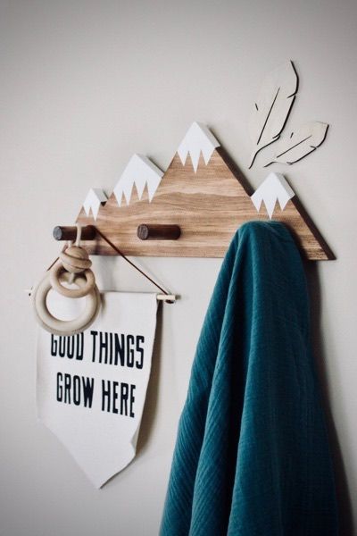 Etsy Finds | HolyCool.net Tre Kunst, Rustic Wood Decor, Babies Nursery, Wooden Wall Hooks, Mountain Wall, Baby Shower Gifts For Boys, Mountain Peak, Woodland Nursery Decor, Woodland Nursery