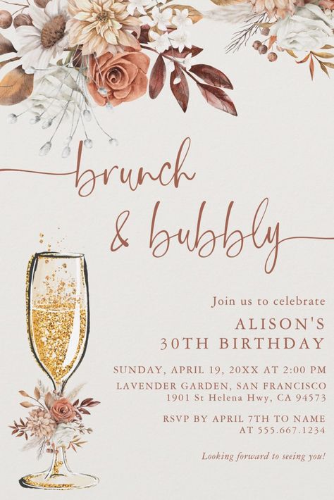 Fall Brunch Bridal Shower Ideas, Terracotta Bridal Shower Ideas, Boho Bridal Shower Brunch, Brunch And Bubbly Bridal Shower Ideas, Champagne Brunch Bridal Shower Ideas, Bubbly Bridal Shower Ideas, Brunch Bridal Shower Ideas, Flowers And Champagne, Brunch Ideas Bridal